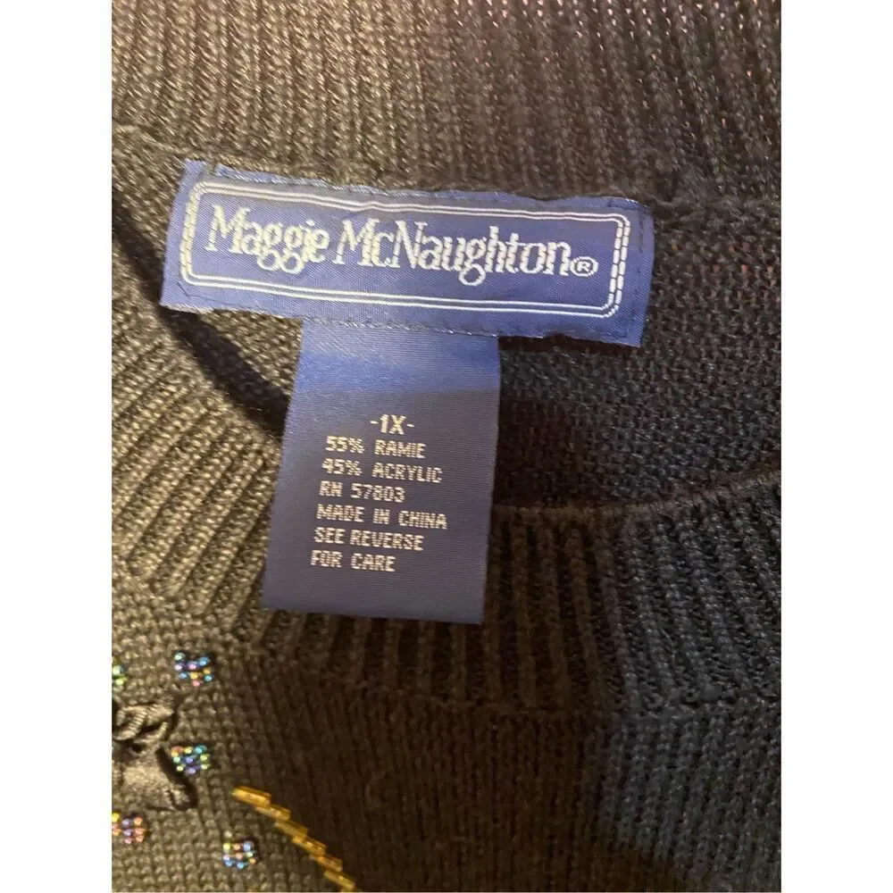 Maggie Mcnaughton vintage, women’s beaded floral sequence sweater, black size 1X